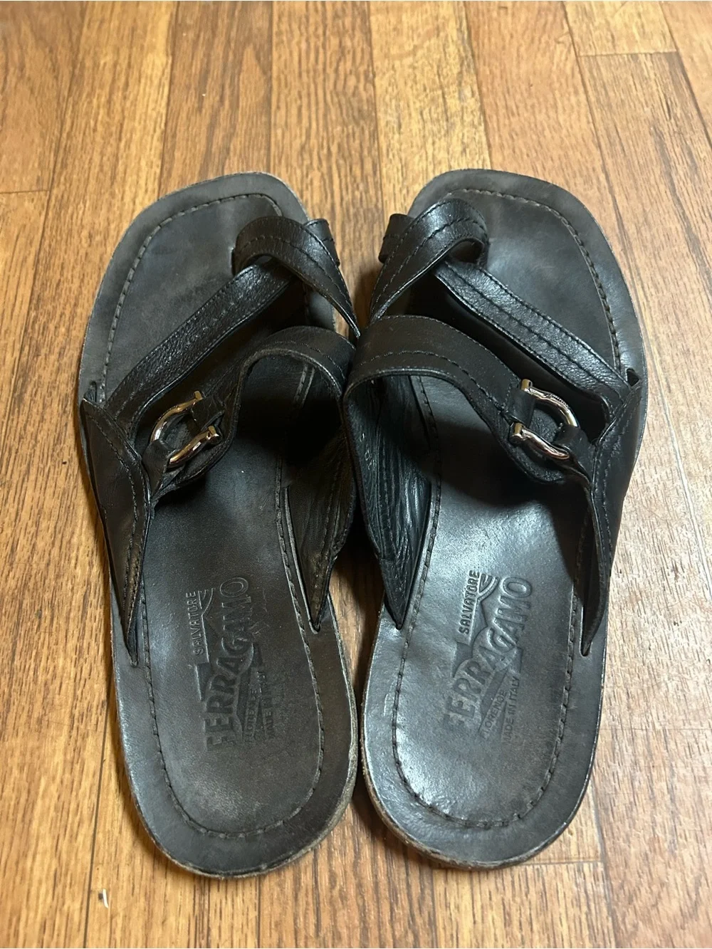 Ferragamo Black Leather Buckle Slide Sandals